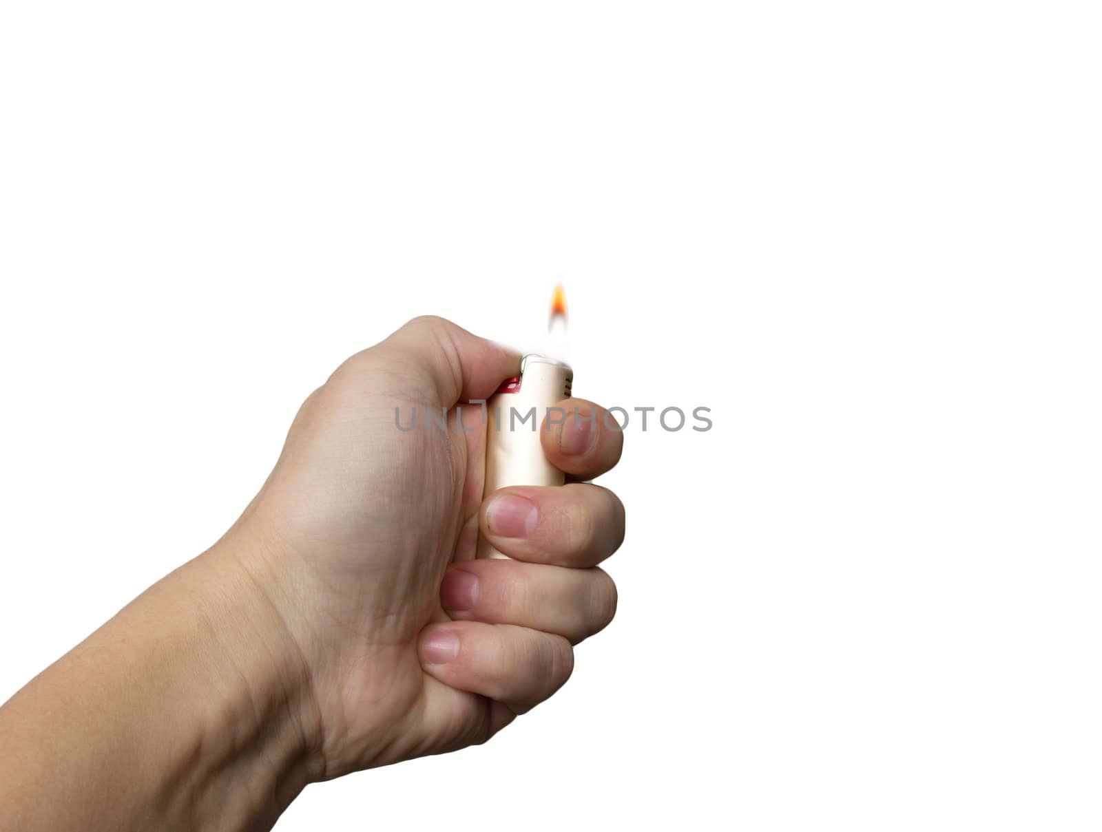  hand with the cigarette lighter on a white background