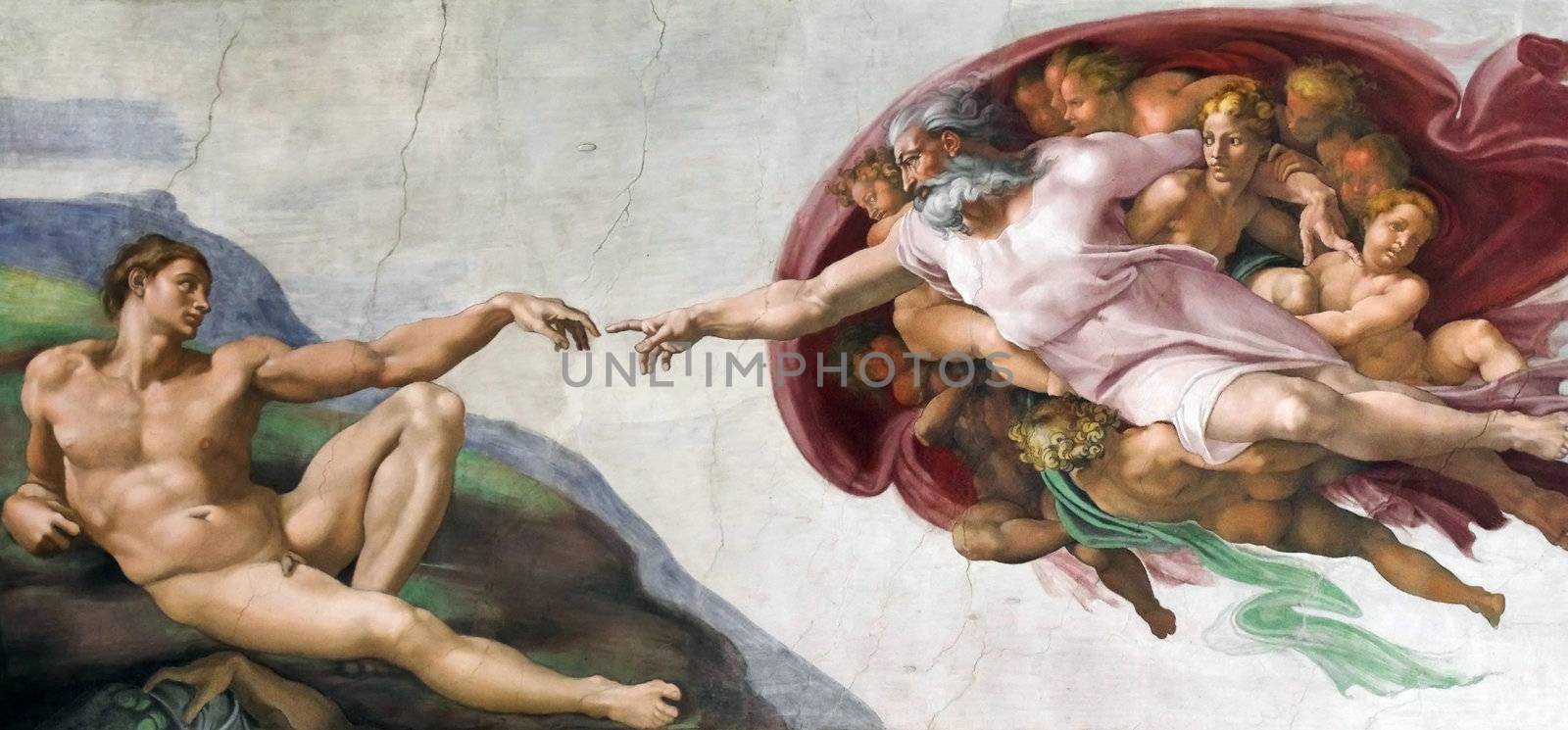 ROME, ITALY - MARCH 08: Michelangelo's masterpiece: The Creation of Adam in Sistine Chapel, Vatican Museum on March 08, 2011 in Rome, Italy