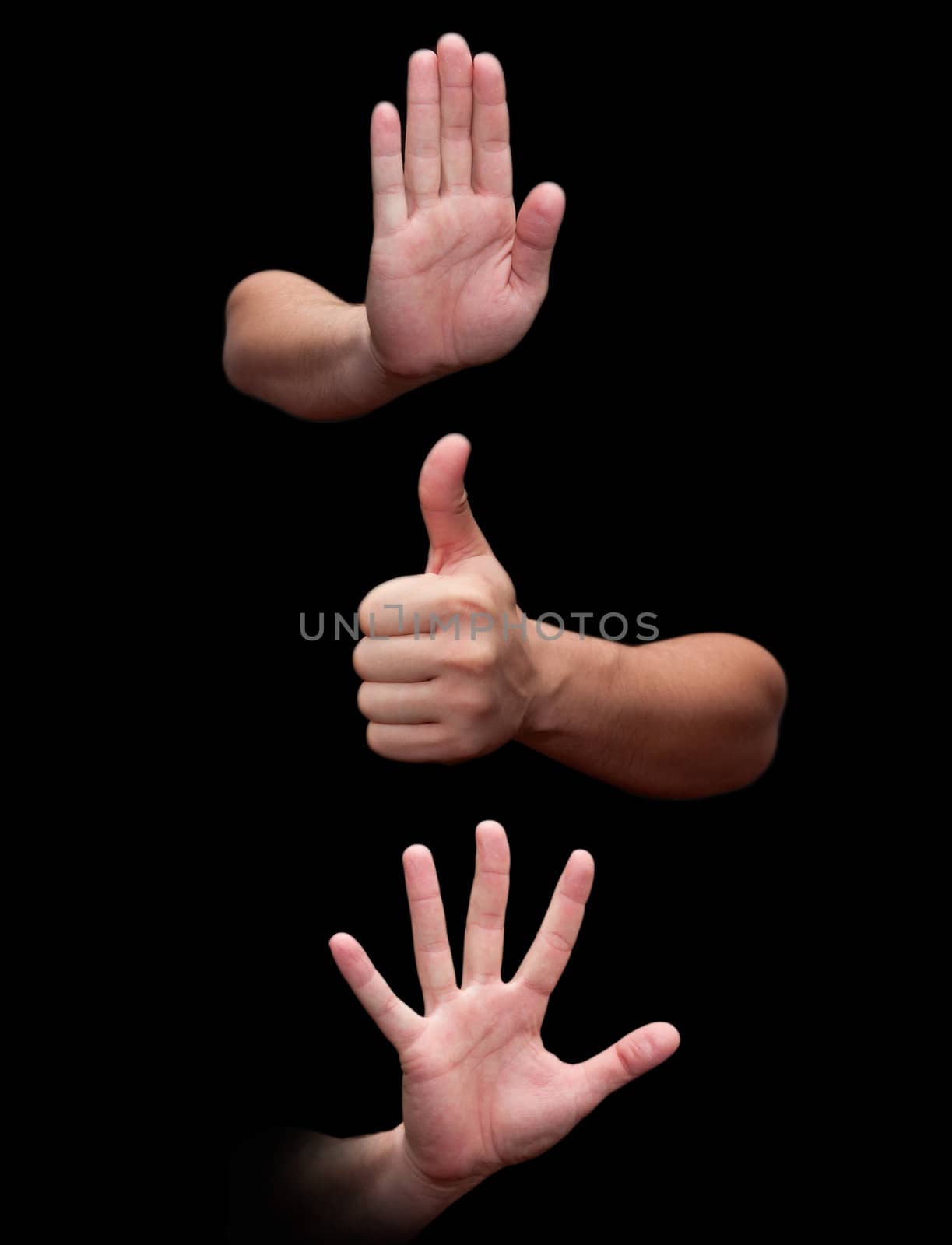  three hands isolated on white background