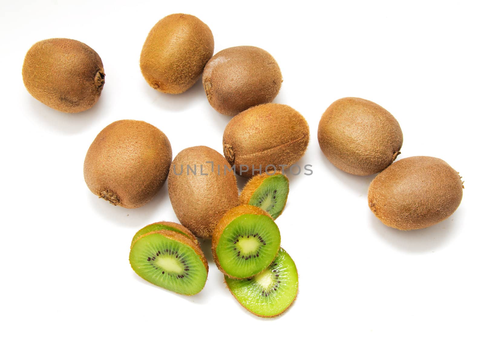 sliced and whole kiwi isolated on white background 