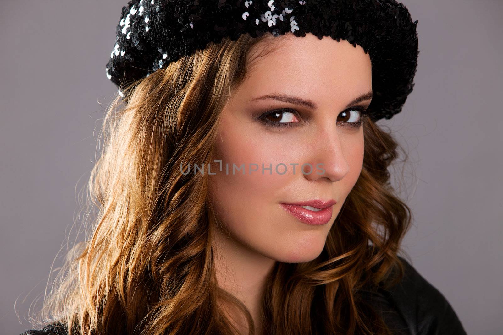 Attractive caucasian woman model looking at the camera with a 3/4 profile