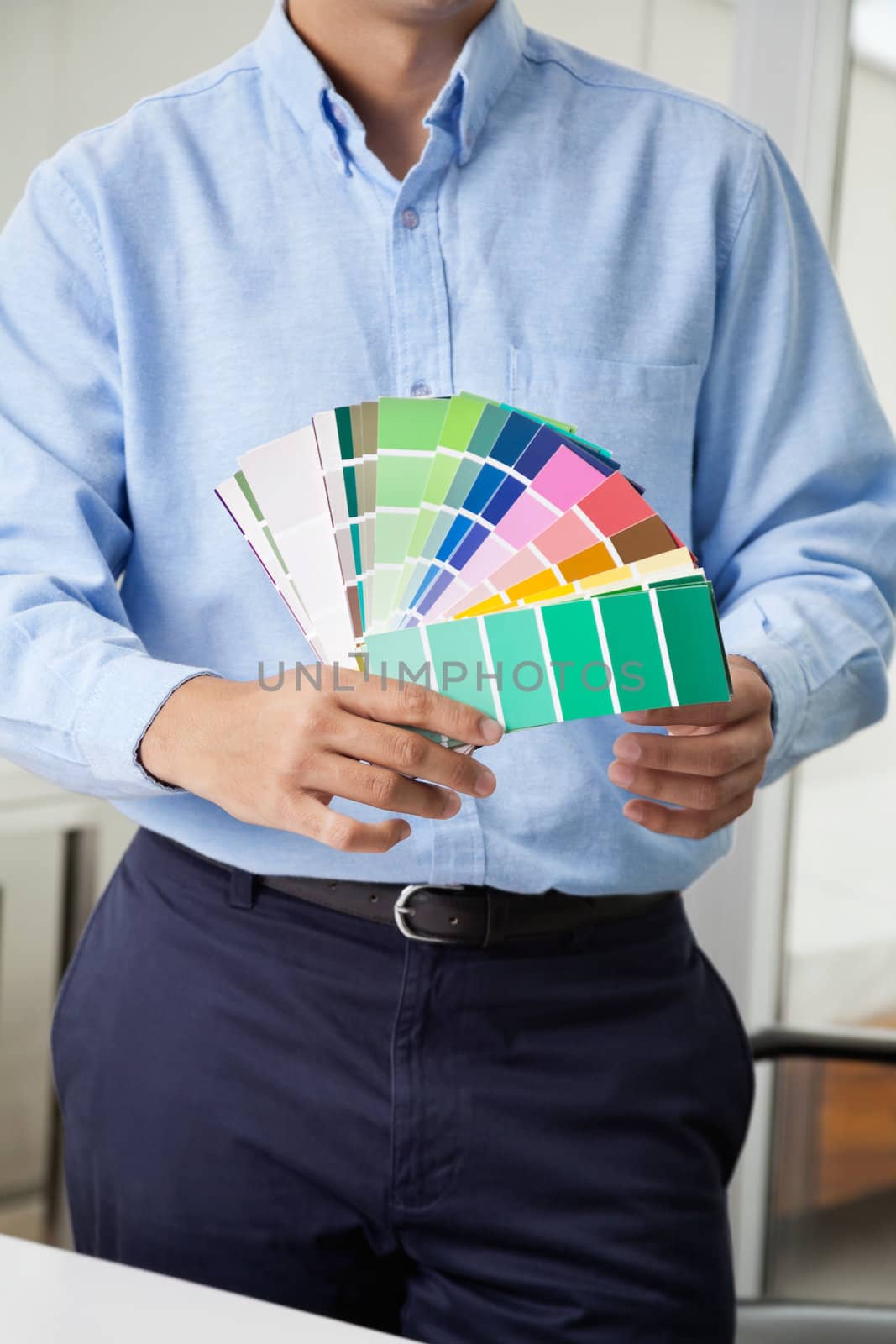 Midsection of male interior designer holding fanned out color swatches