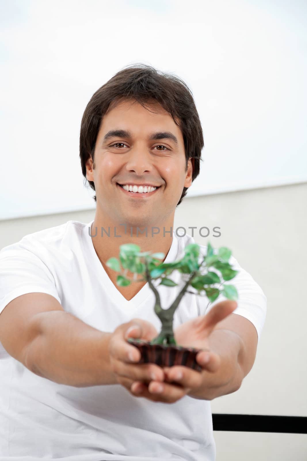 Portrait of handsome young man holding a small artificial plant