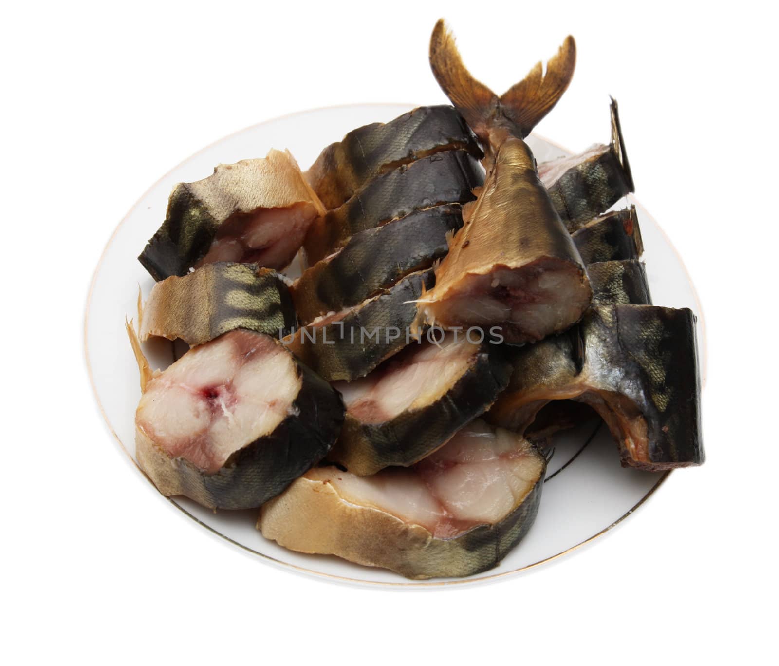 Smoked mackerel in a plate on a white background 