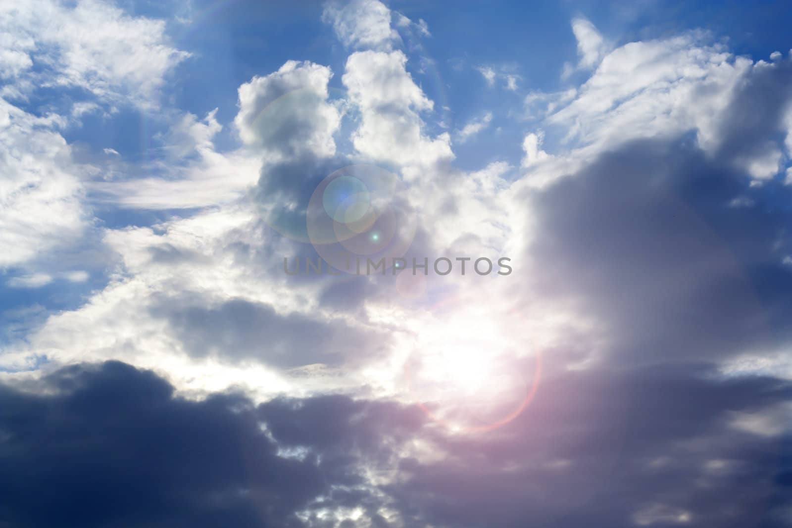 Blue sky with clouds and sun. 