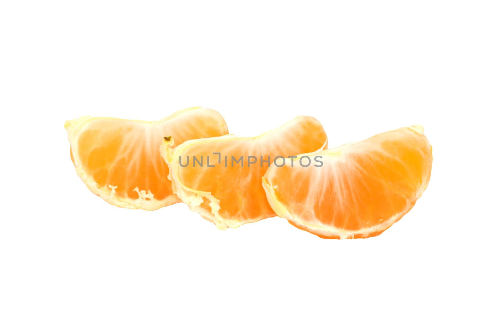 Slices of peeled orange on white background 
