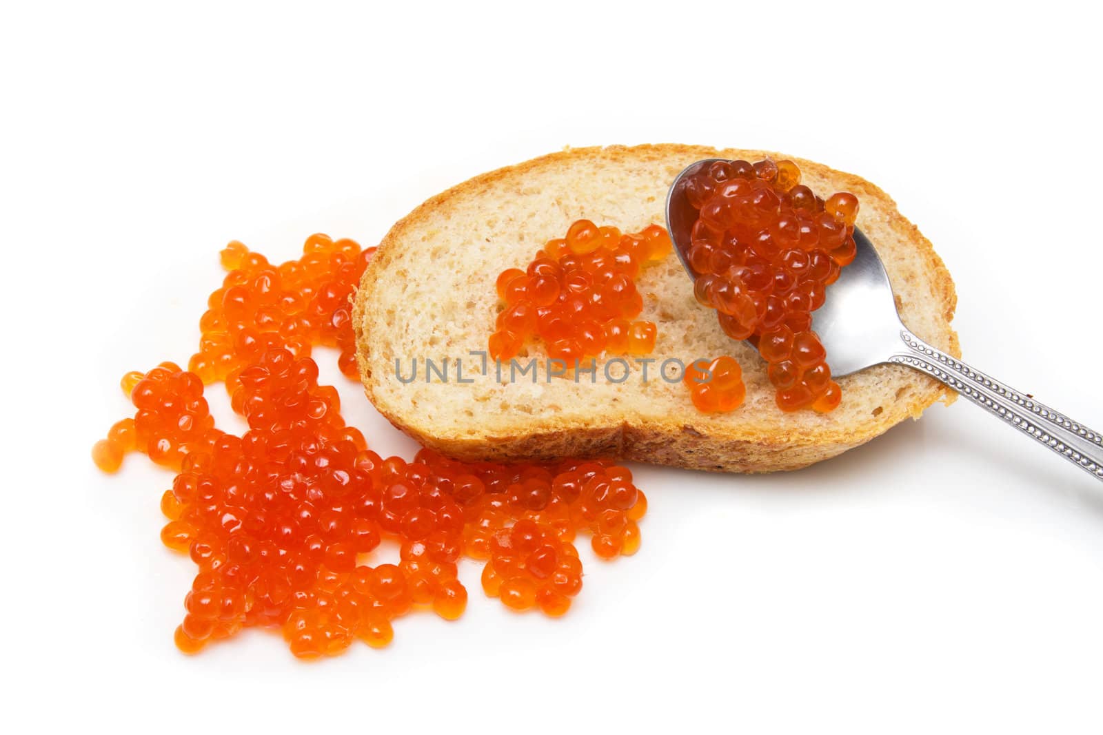 caviar with bread and spoon on white background