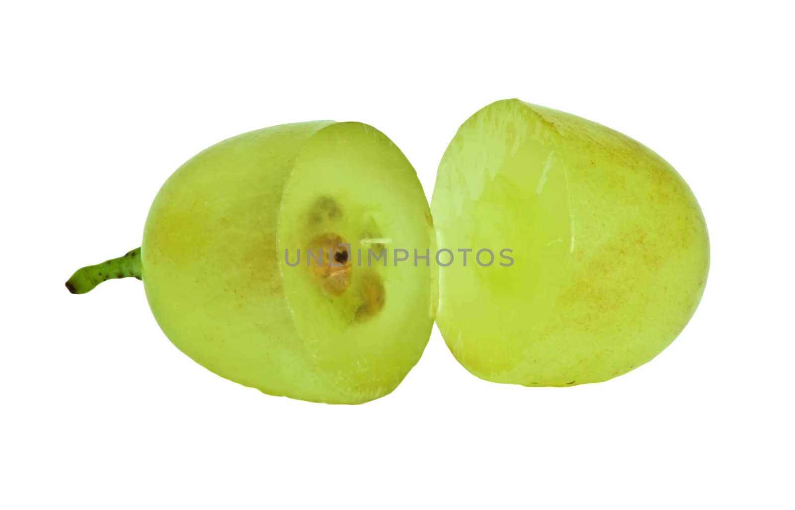 Translucent slice of green grape fruit, macro isolated on white 