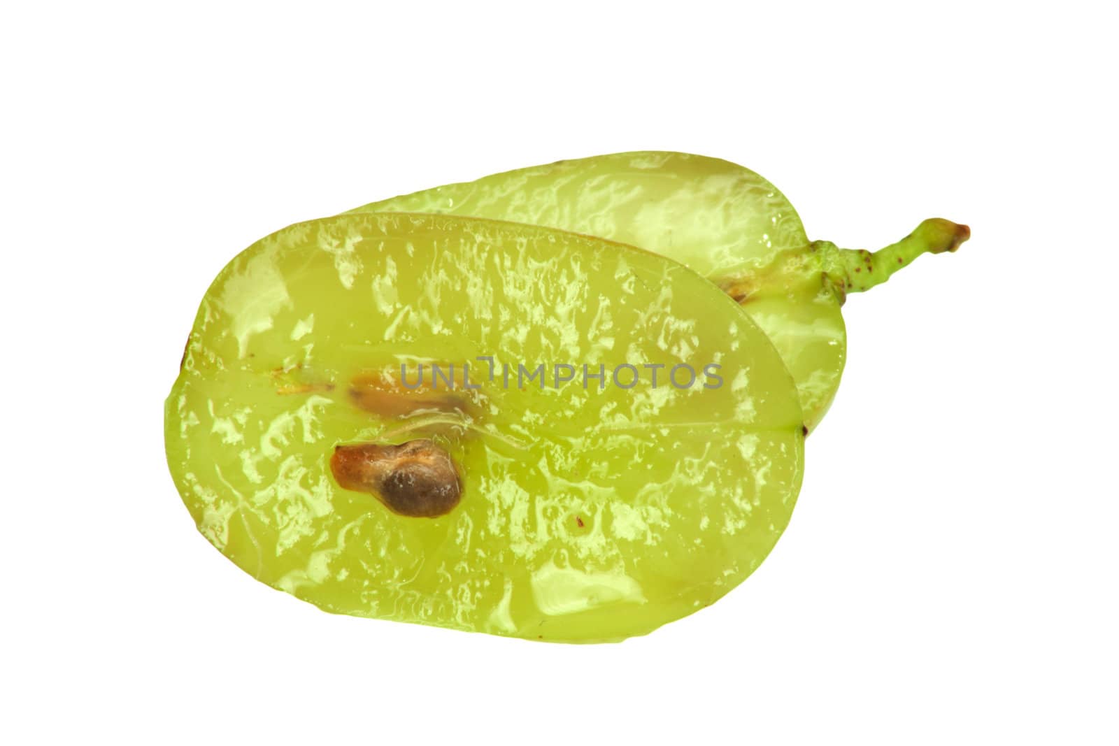 Translucent slice of green grape fruit, macro isolated on white 