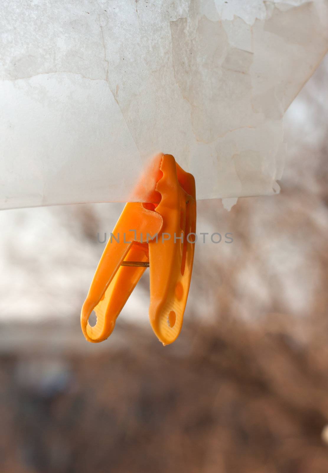 yellow clothes-peg hungs on plastic