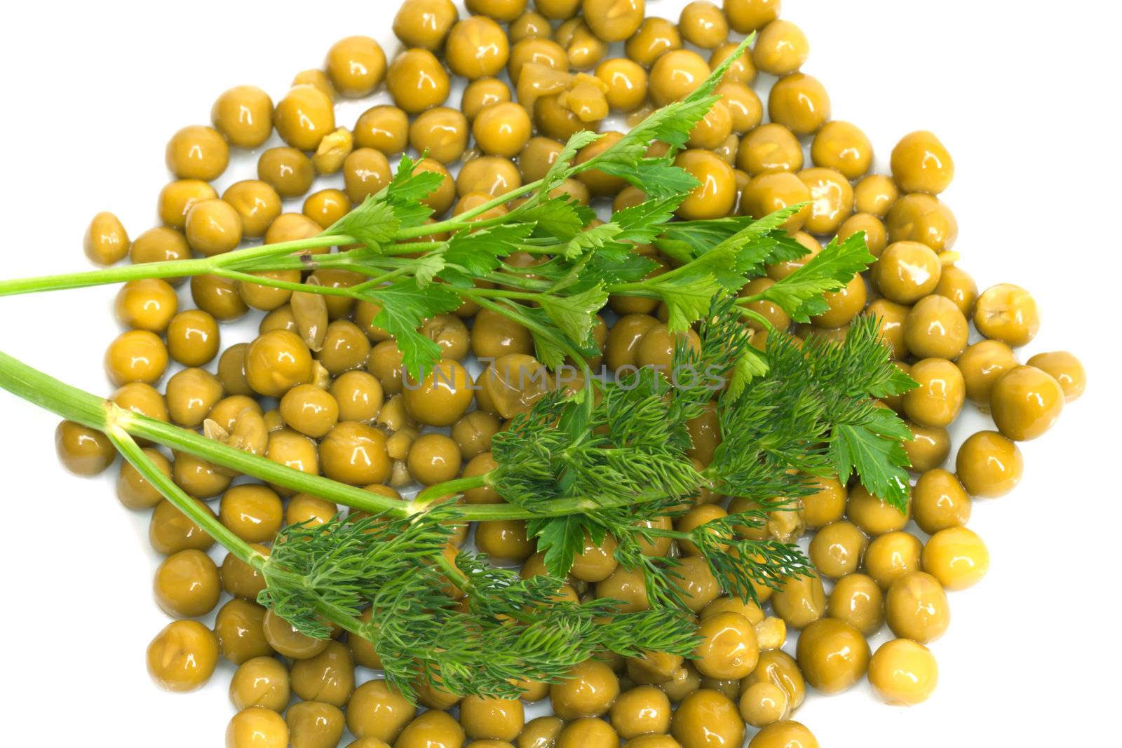 green peas, parsley, dill, on a white background