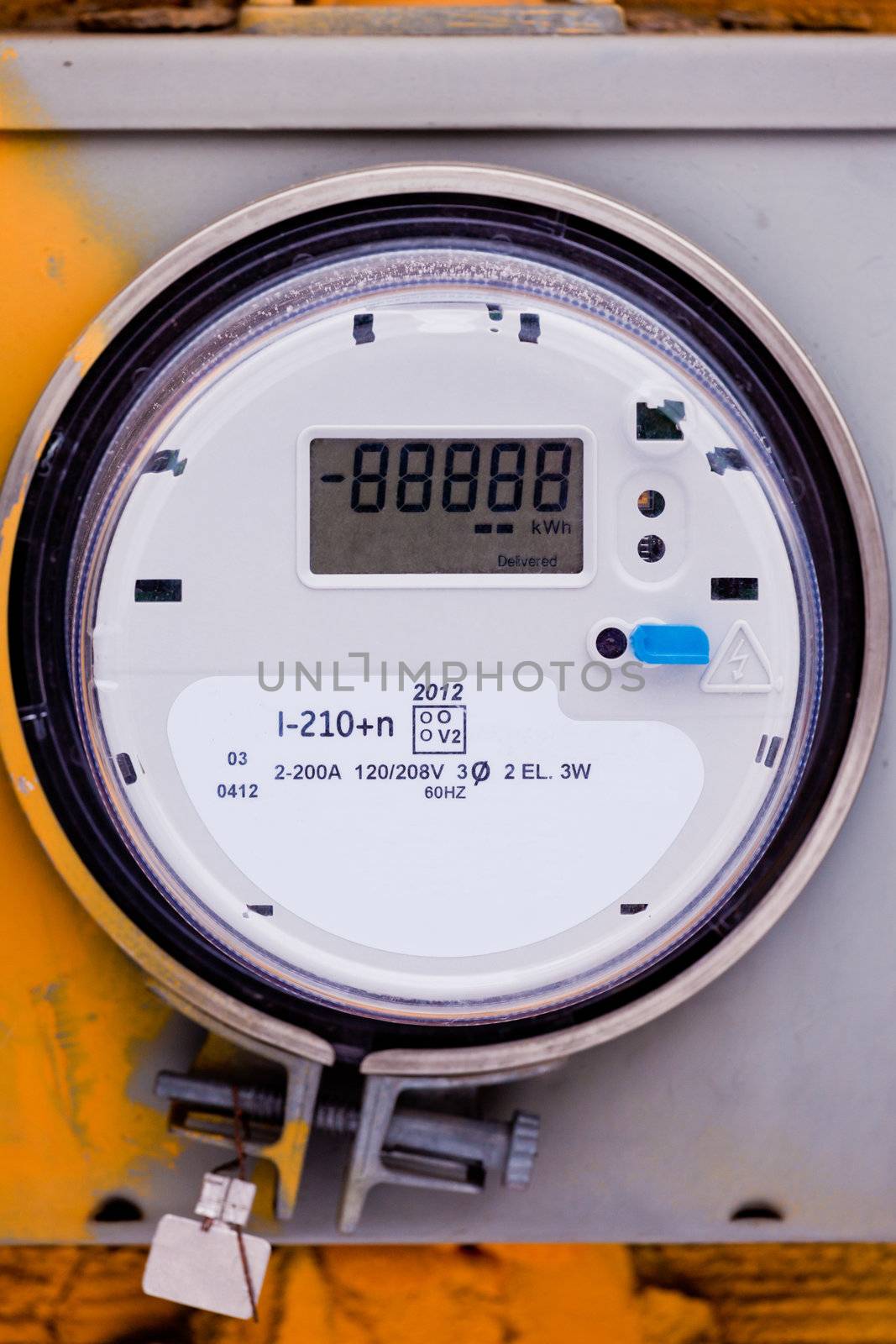 Modern smart grid residential digital power supply meter on grungy base with LCD display ready to be edited for your message