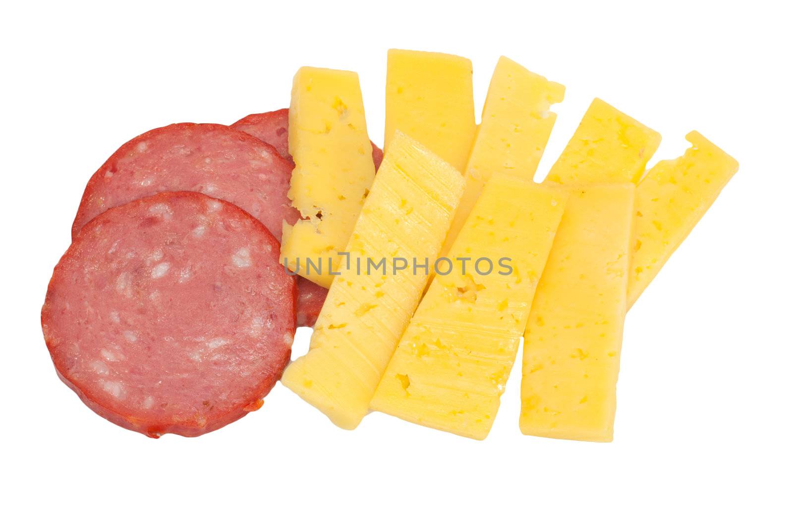 Sausage and cheese on a white background