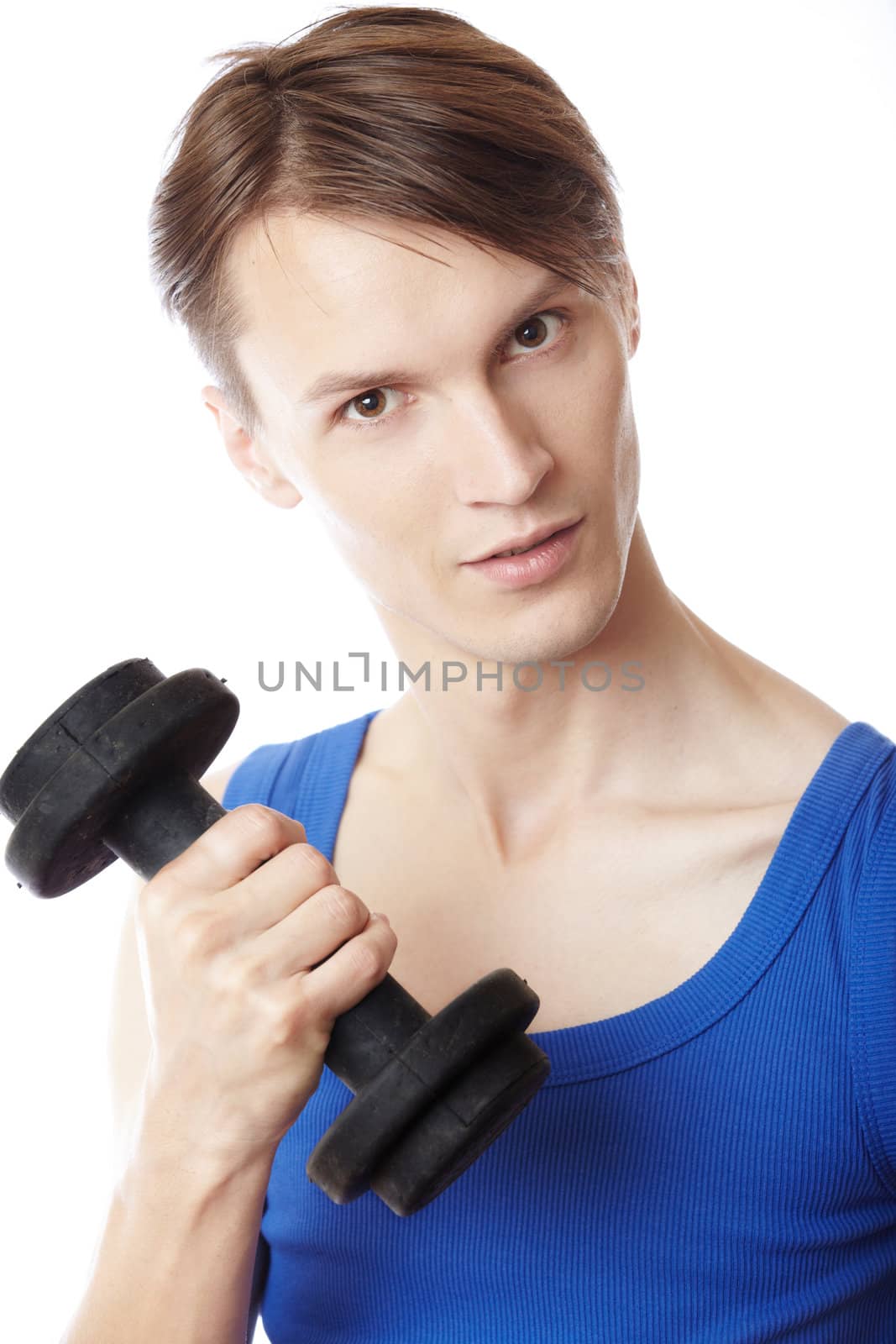 Smiling fitness instructor on a white background