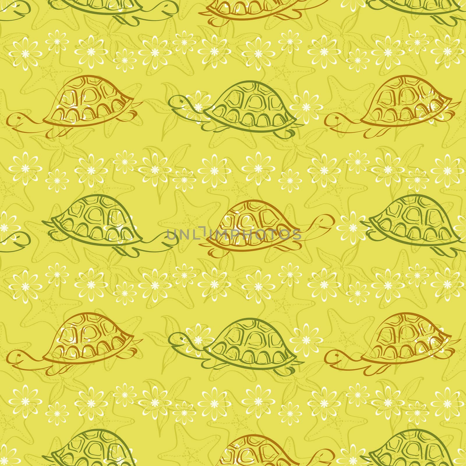 Seamless pattern, sea turtles, starfishes and flower, contours on yellow background.