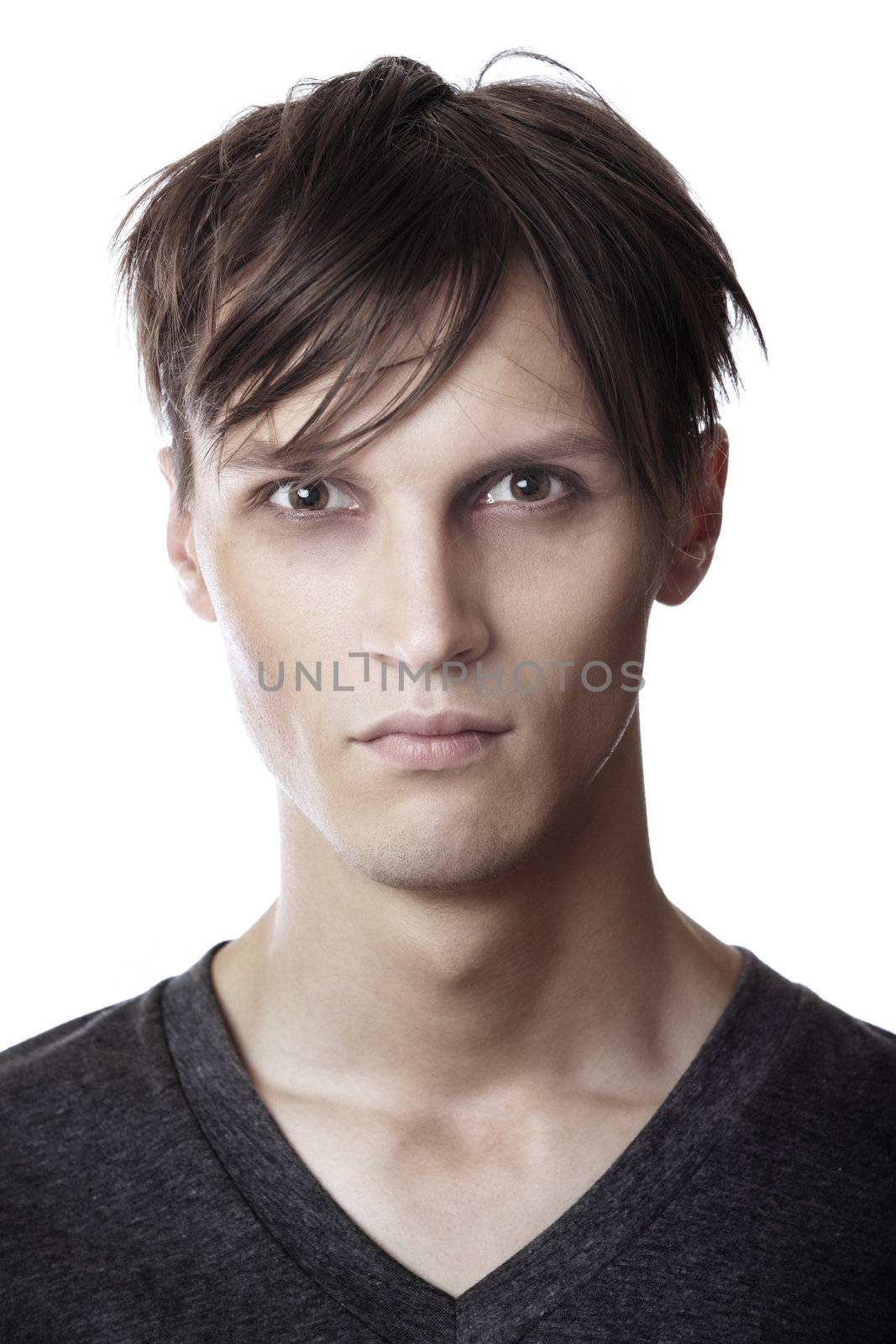 Mugshot of exhausted man on a white background