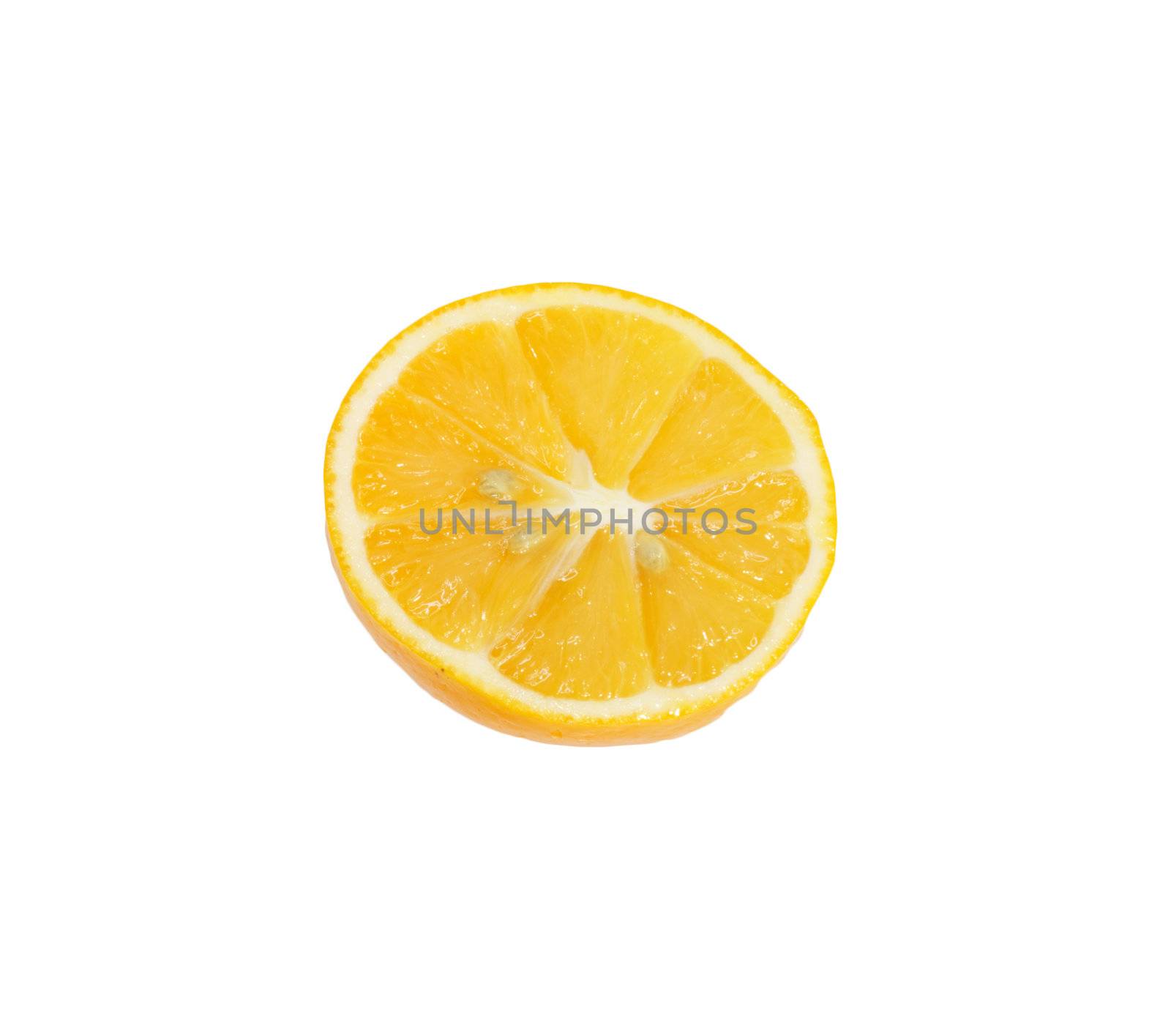 Single cross section of lemon. Isolated on white background.  by schankz
