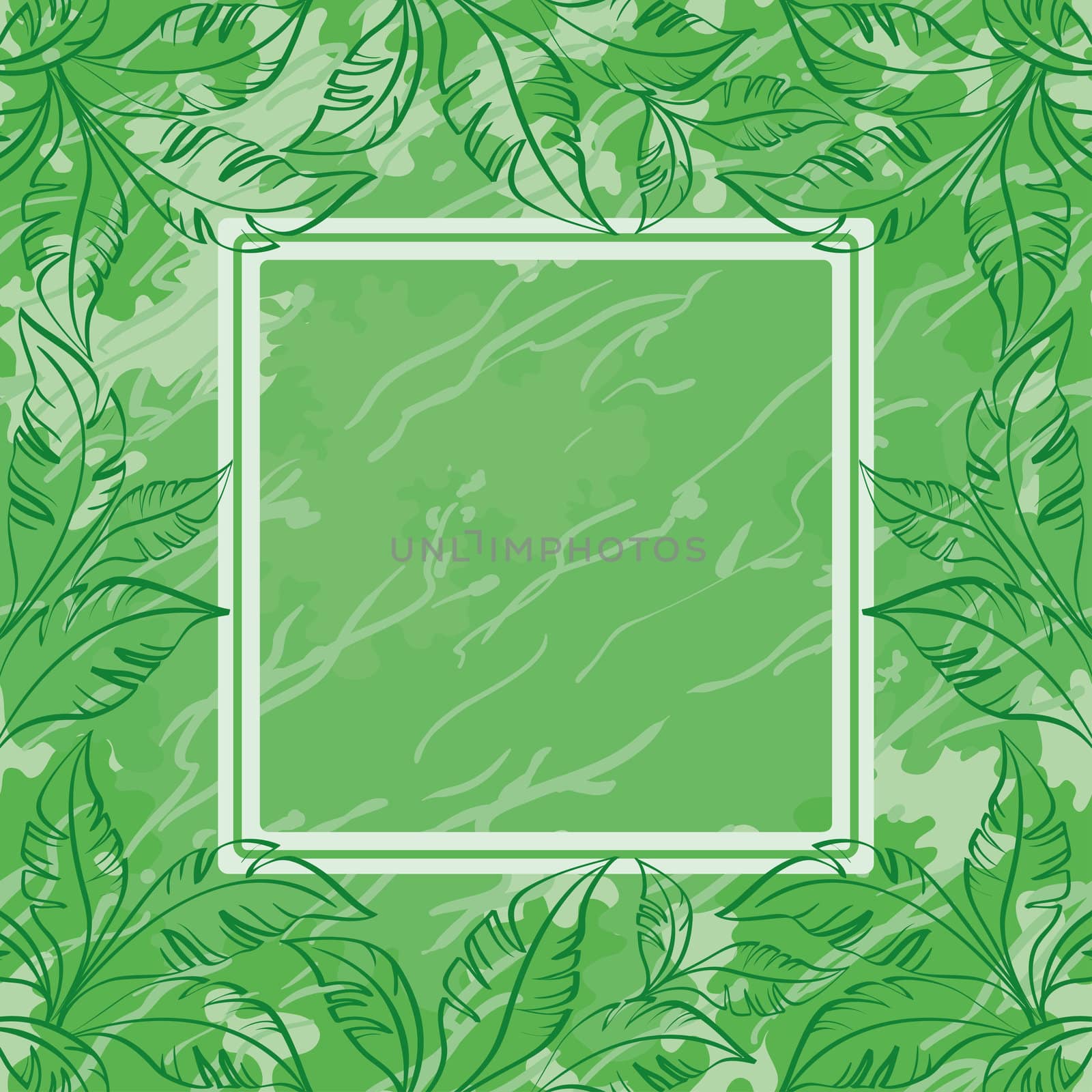 Abstract green floral background. Contour leaves, frame and grunge pattern.