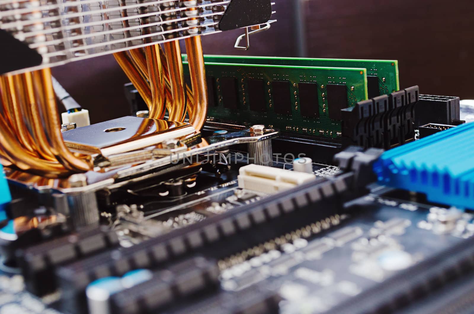 Modern computer mainboard. Shallow depth of field.