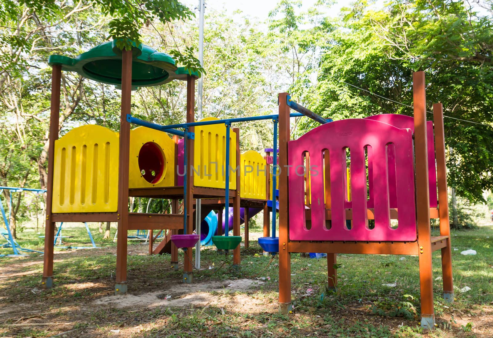 An image of a colorful children playground, without children