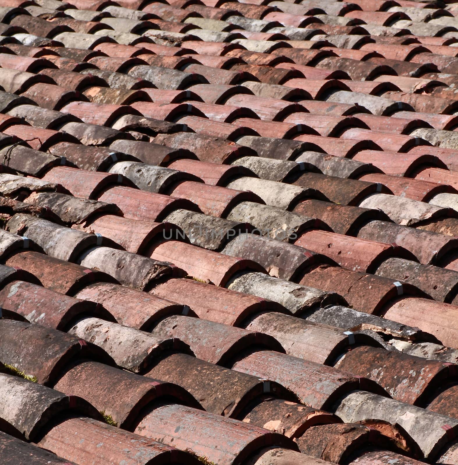 Close up image on very old roof tiles background