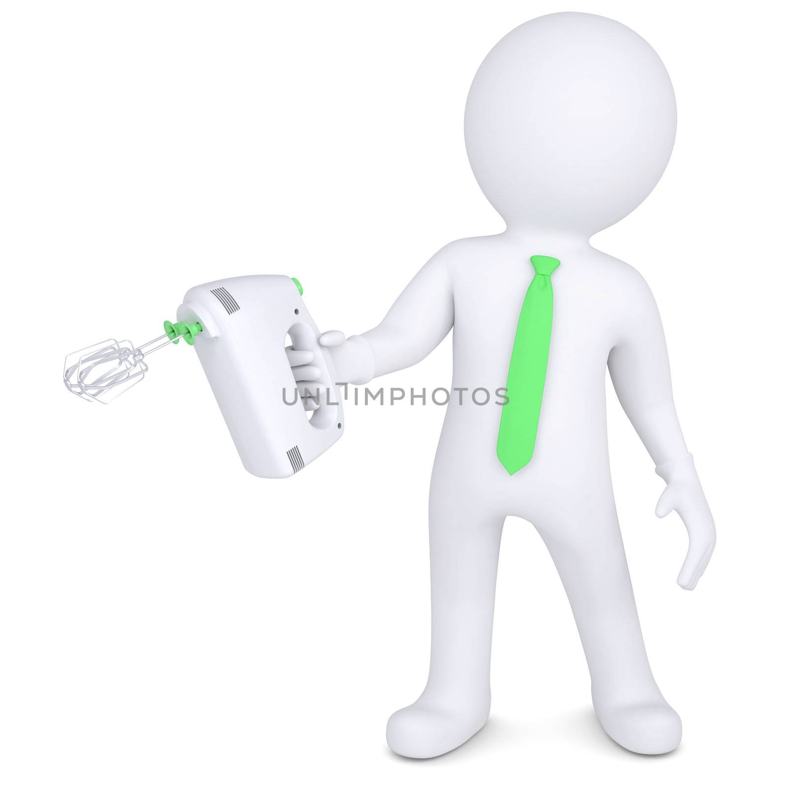 3d man with a hand mixer. Isolated render on a white background