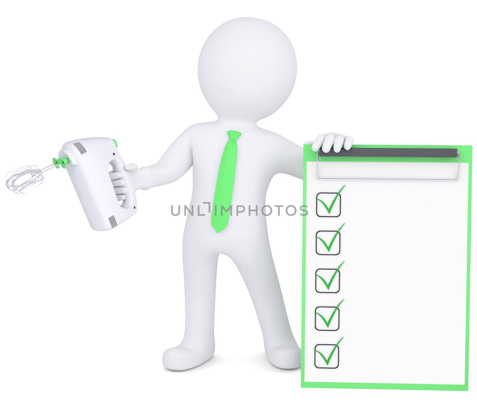 3d man with a hand mixer and checklist. Isolated render on a white background