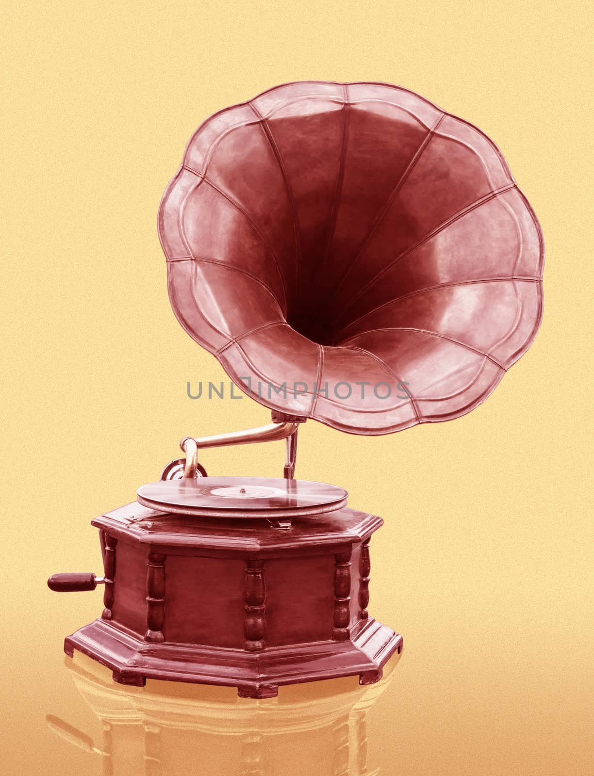 Vintage Gramophone with disc isolated on grunge background