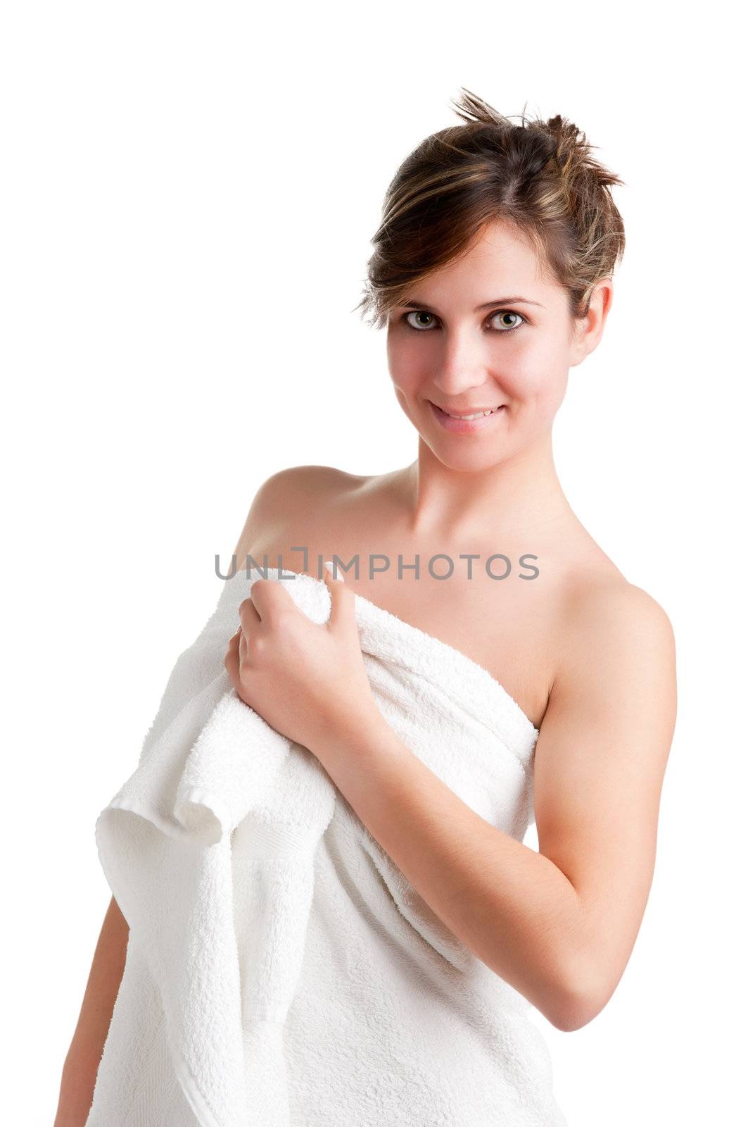 Woman with a towel around her body, isolated on a white background