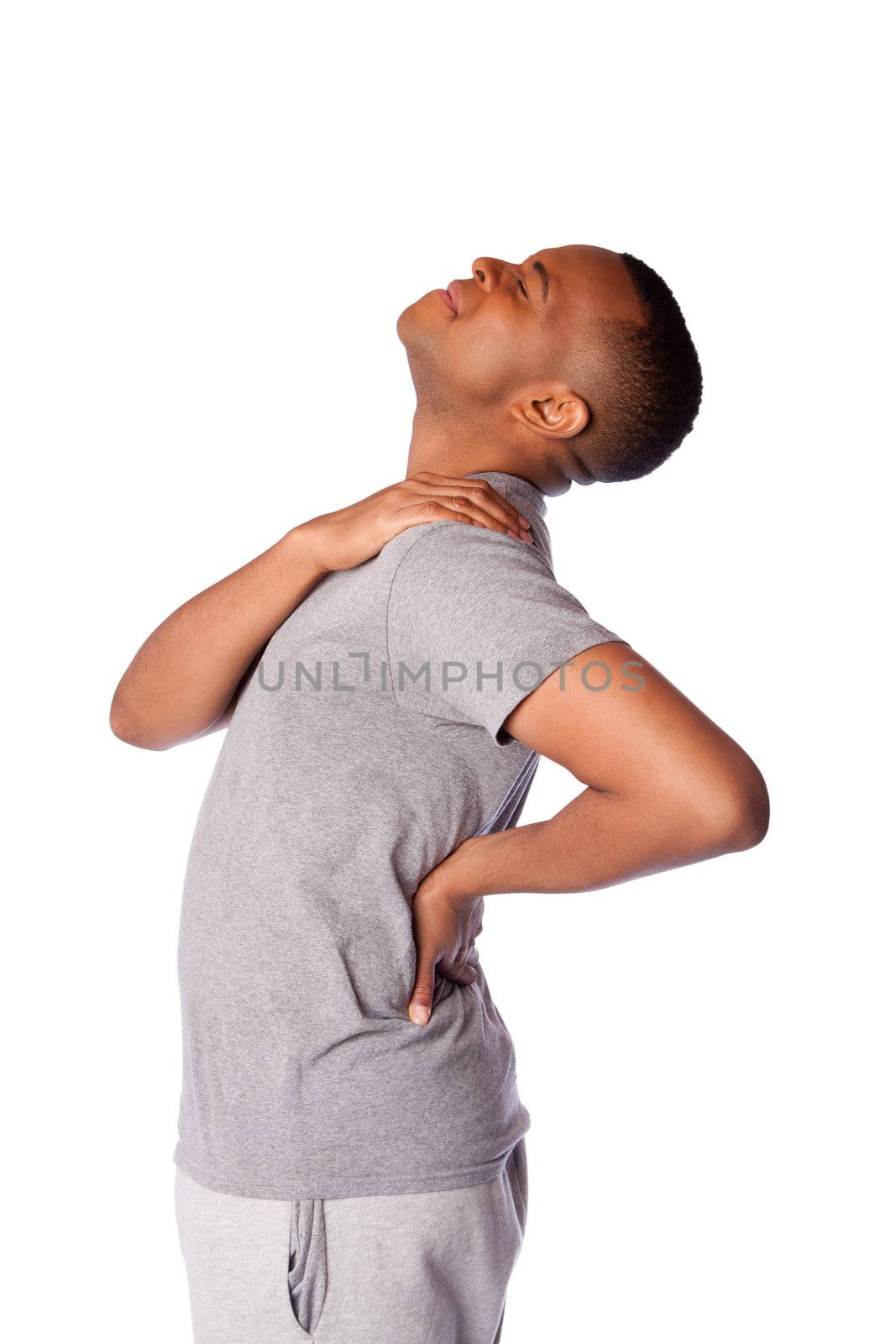 Man with ports injury in back, neck and shoulder pain, tilting head backwards, isolated.