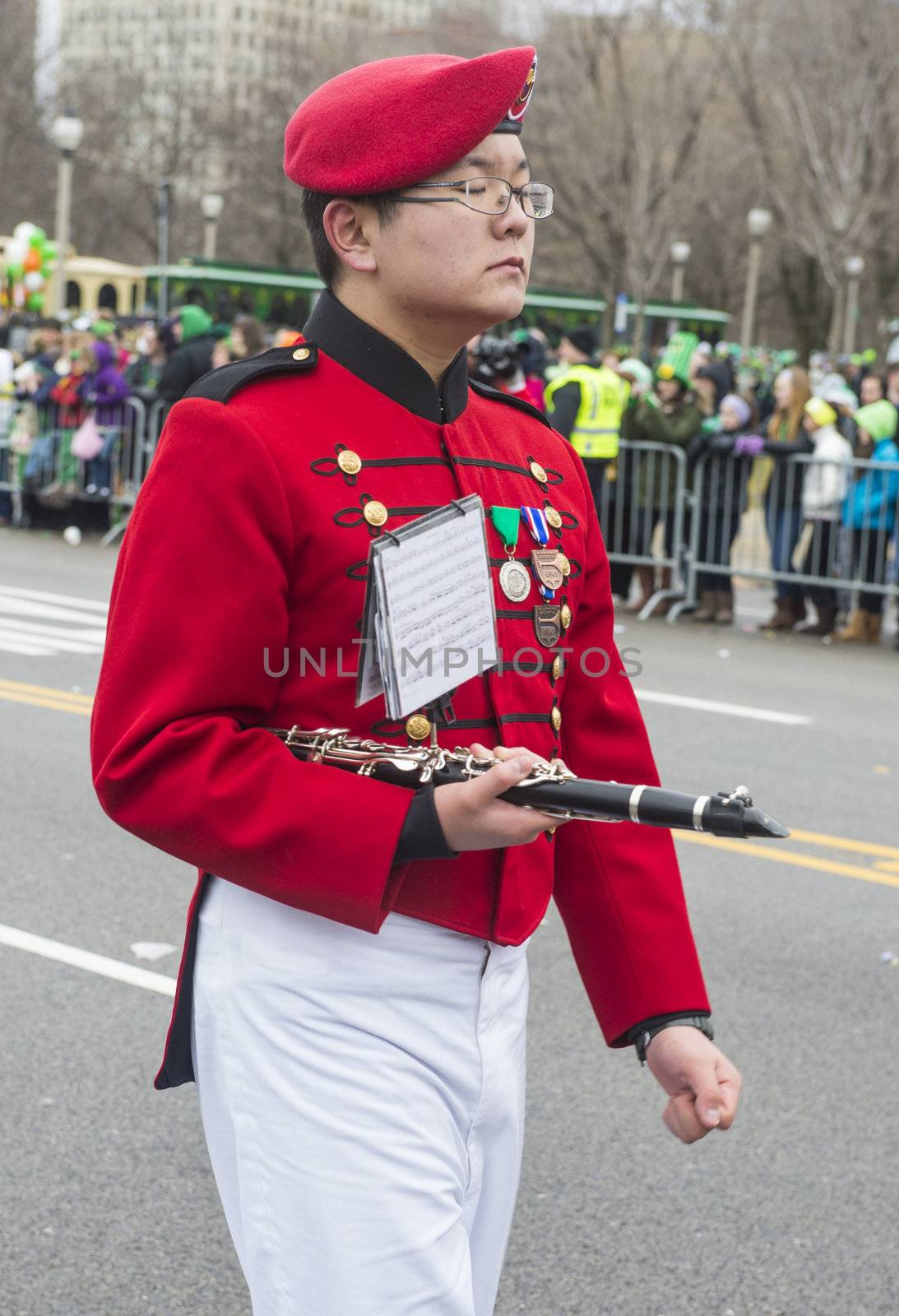 CHICAGO - MARCH 16 : Band member marching at the annual Saint Patrick's Day Parade in Chicago on March 16 2013