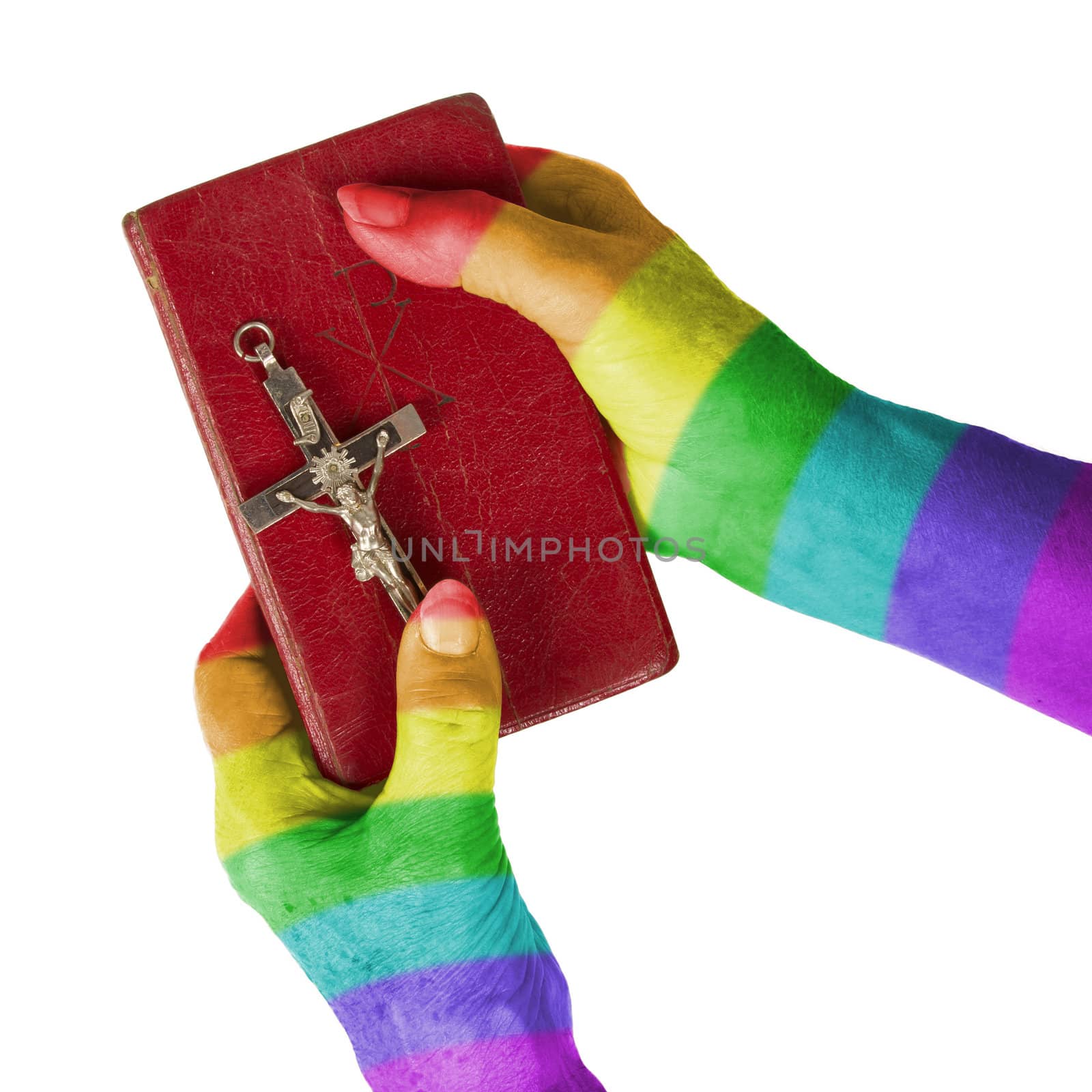 Old hands (woman) holding a very old bible, rainbow flag pattern