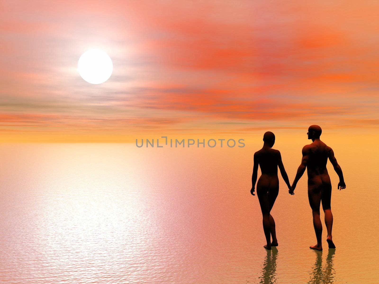 A man holding the hand of his girlfriend and walking to the sun upon the water by sunset