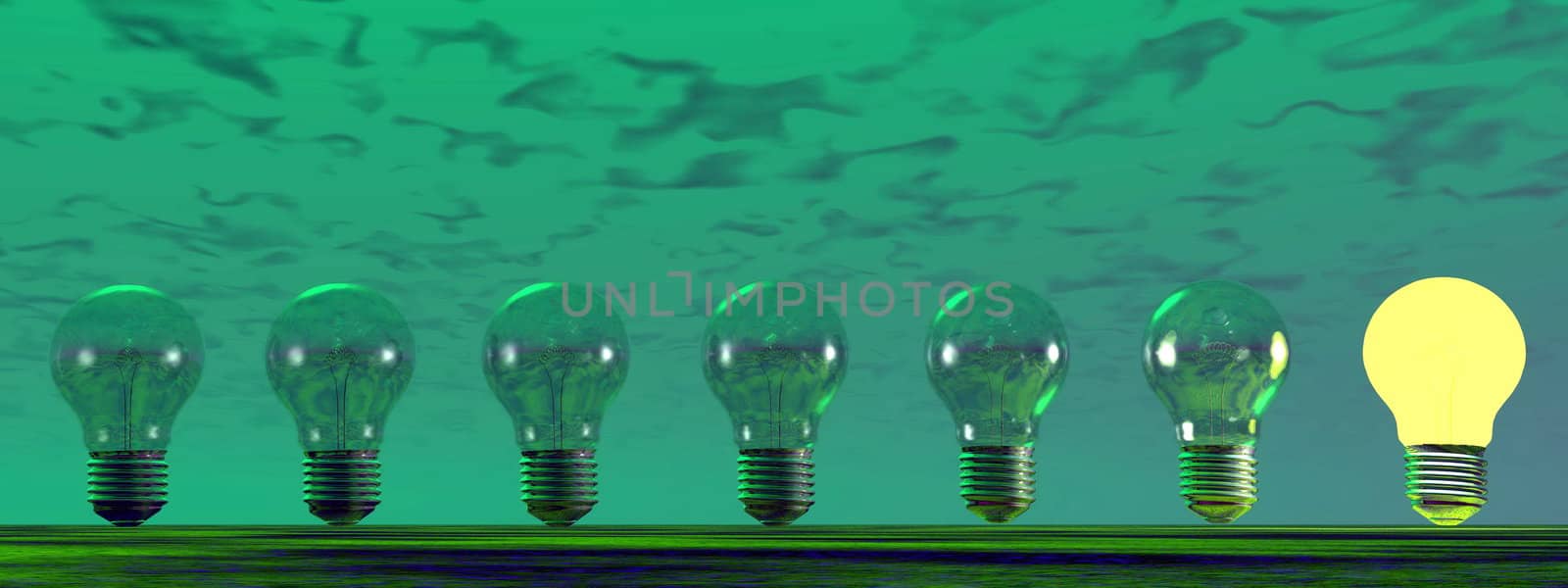 One light bulb on next to many others off in green background