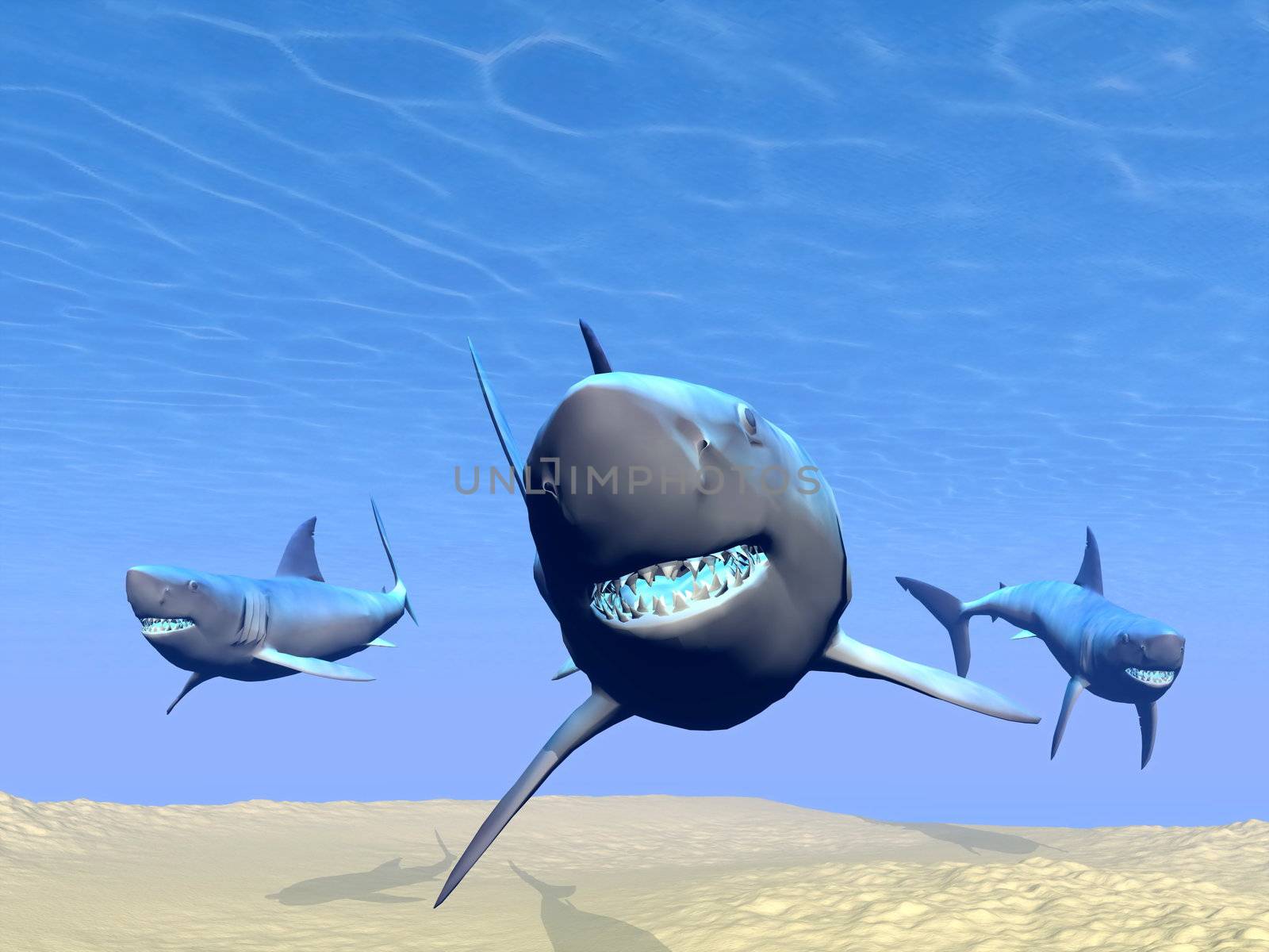 Sharks underwater - 3D render by Elenaphotos21