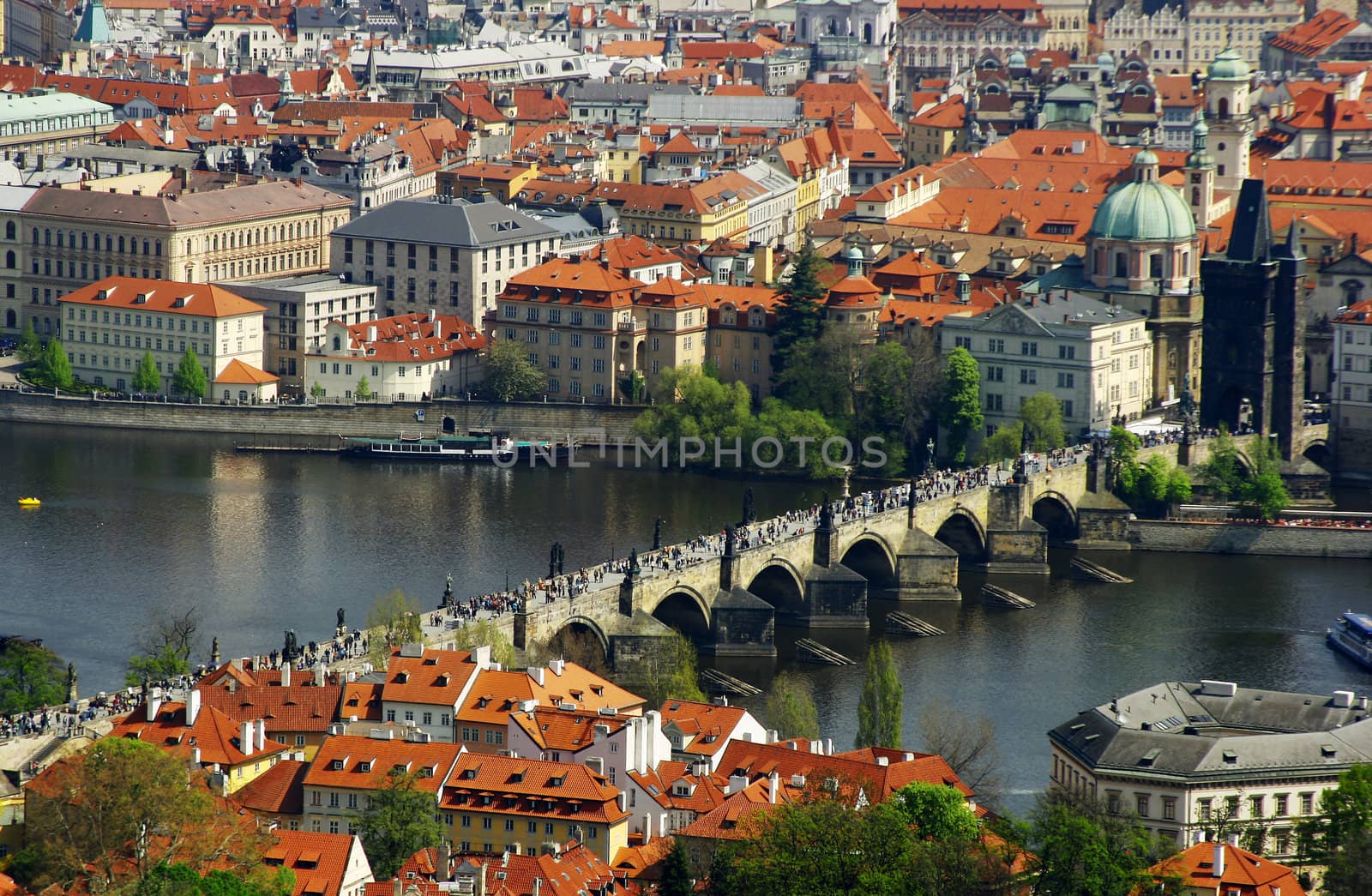 Prague city panorama with Charles bridge and river Vltava 