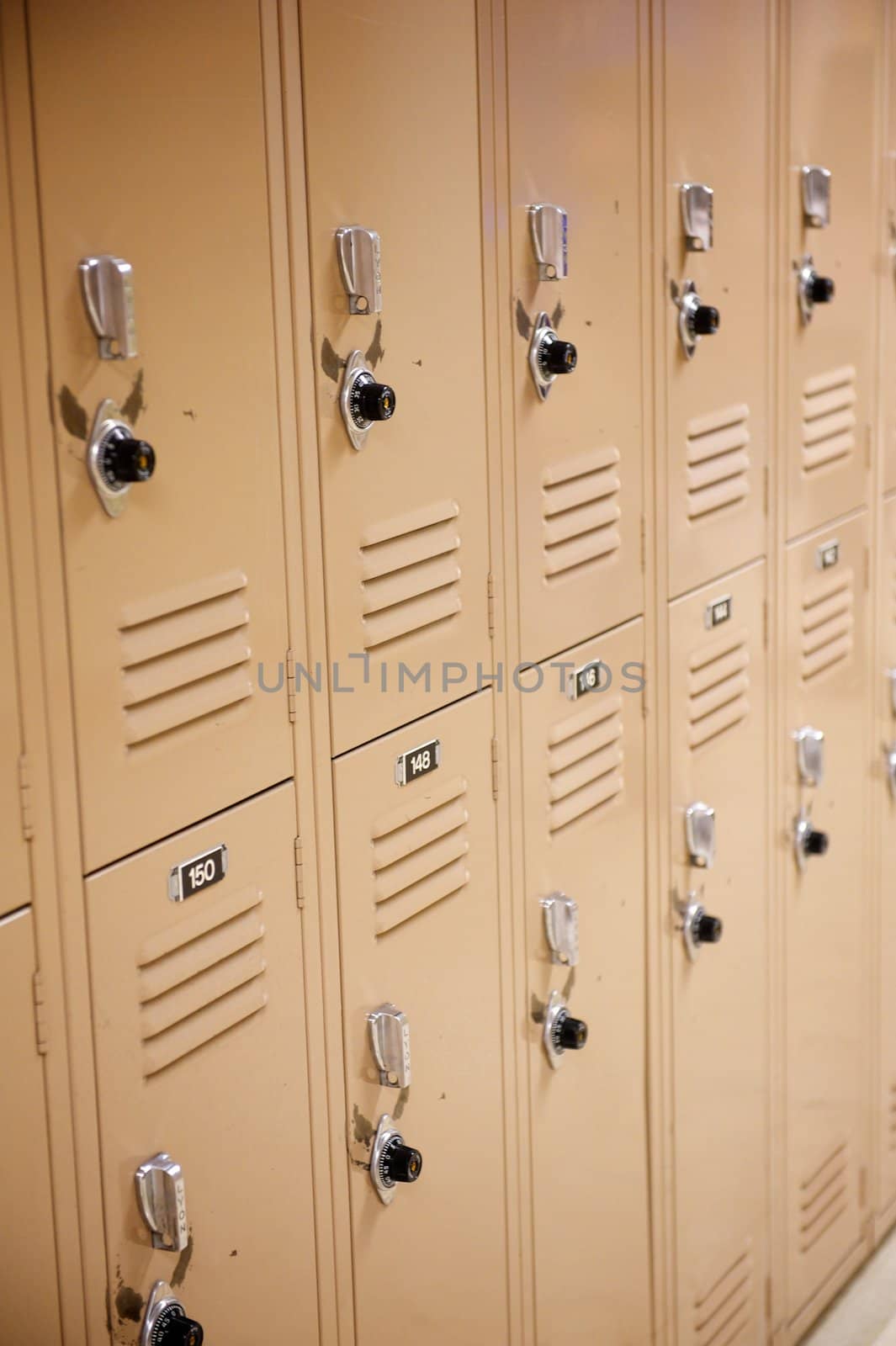 Two rows of classic metal school lockers at a private university