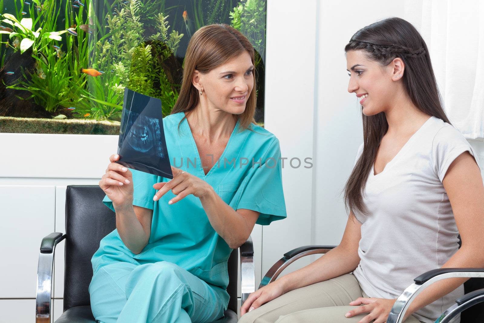 Dentist Showing X-Ray Report To Woman by leaf