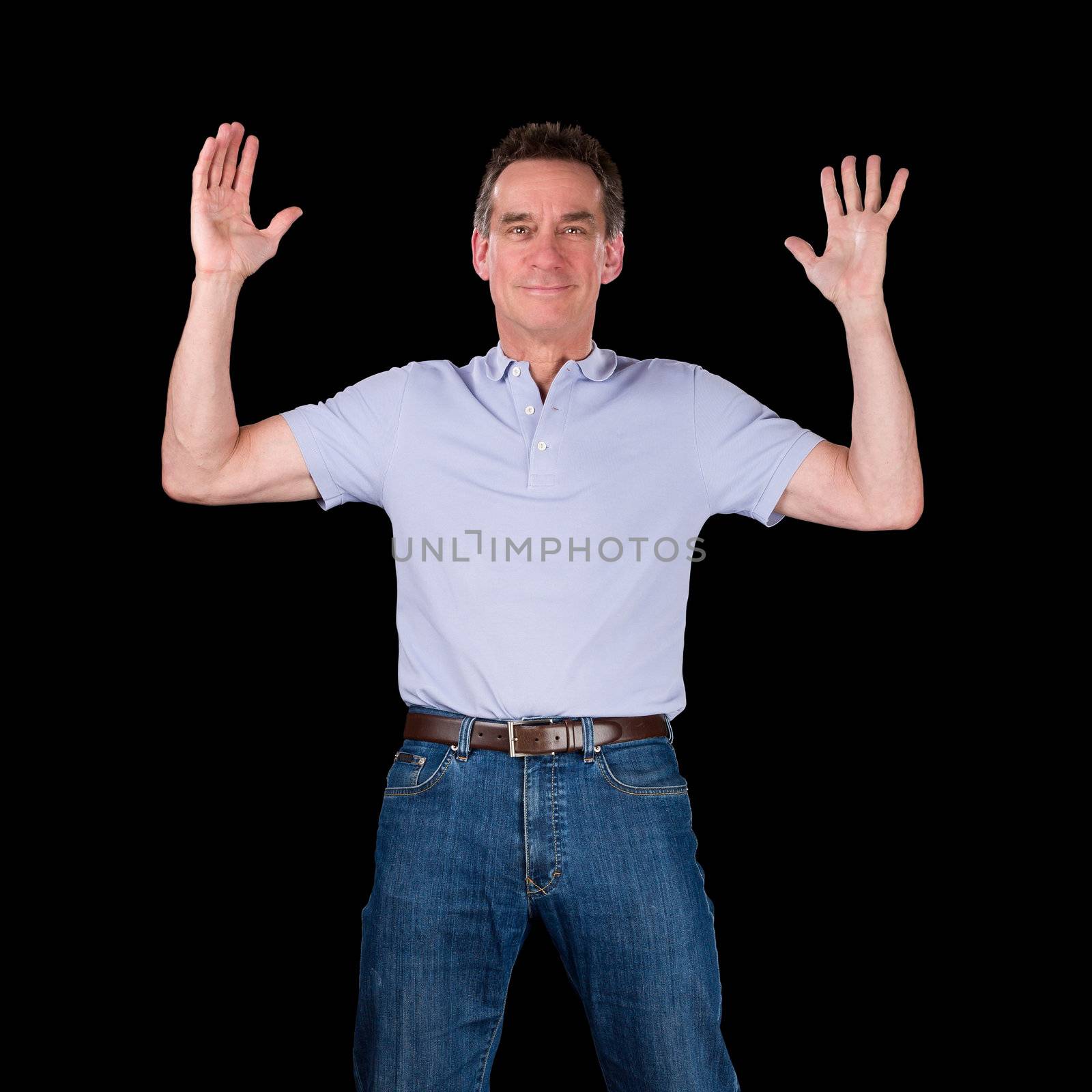 Happy Excited Middle Age Man Hands Raised in Air Black Background