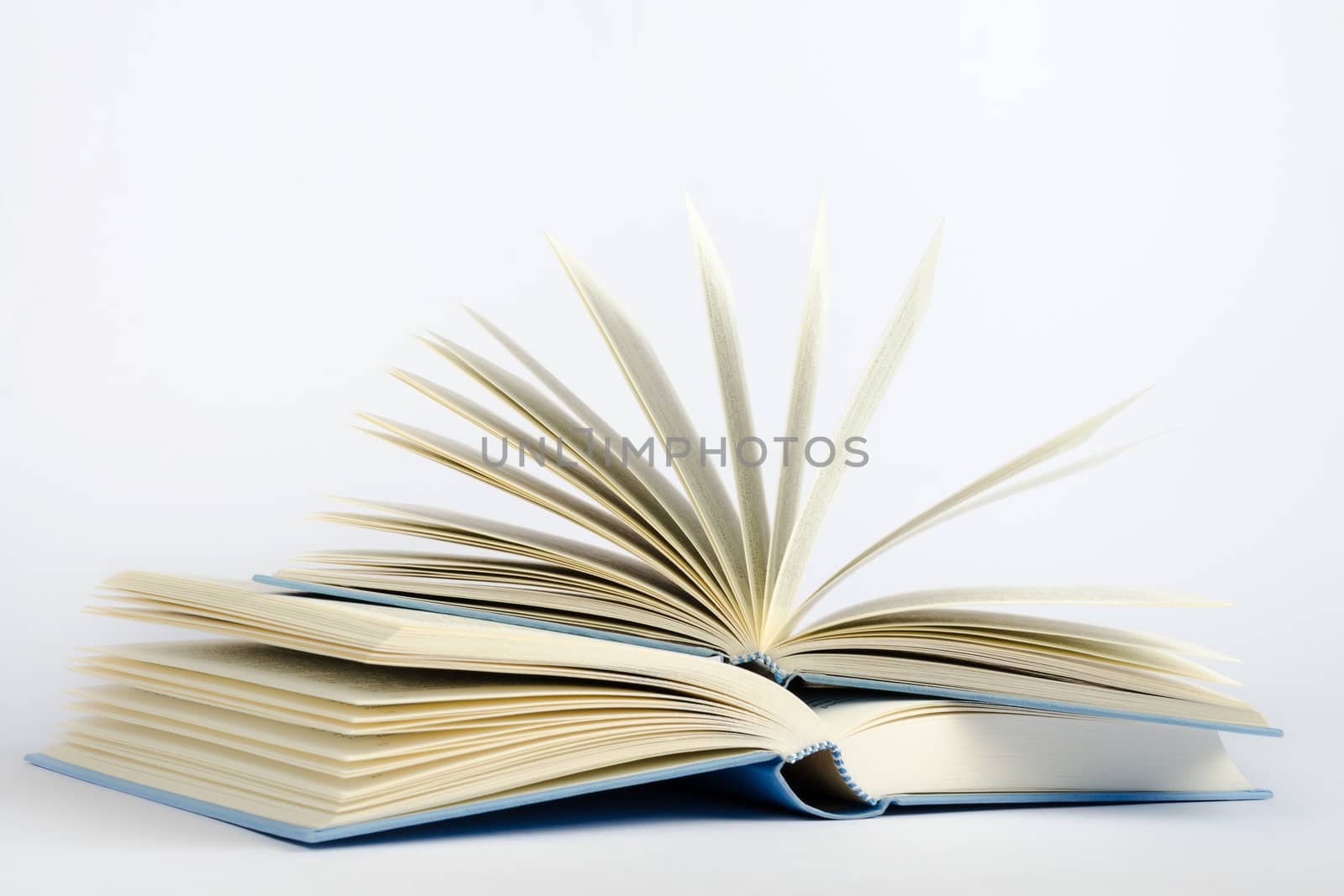 Two open blue books on a light blue background