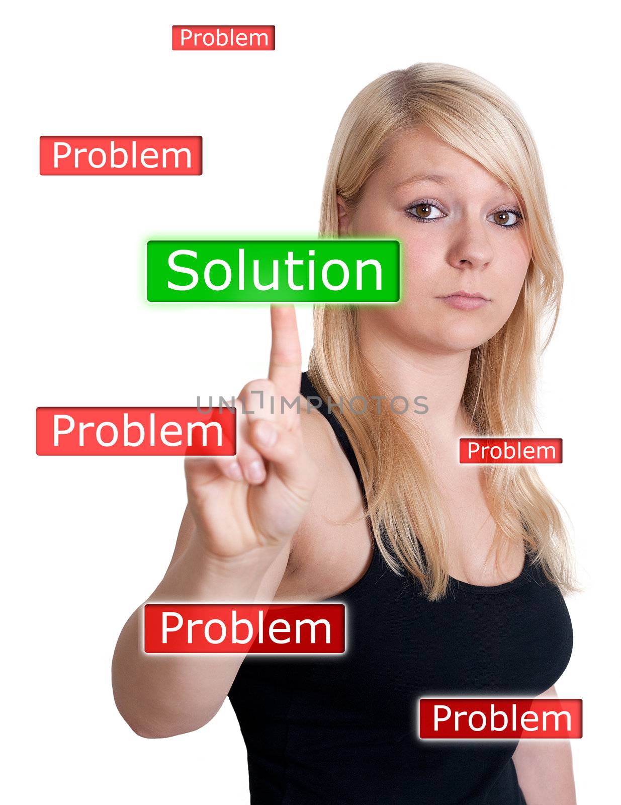 woman pressing solution button on white background
