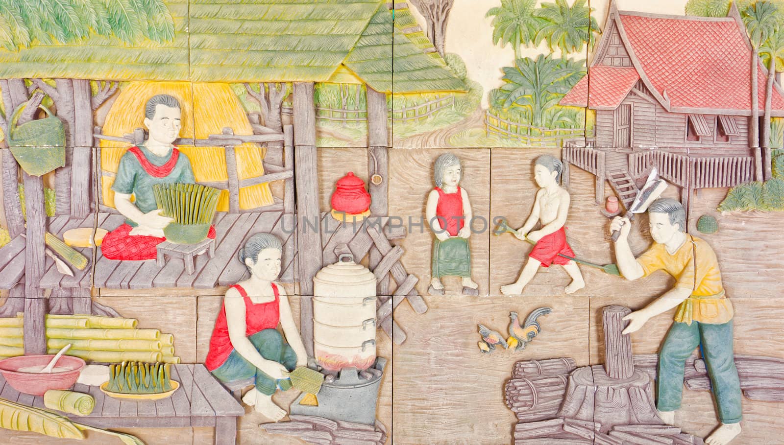 Thai art in old native life represent on clement carve