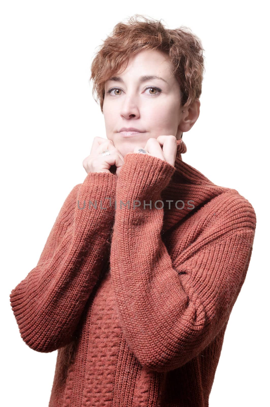 smiling short hair girl cold with orange sweater on white background