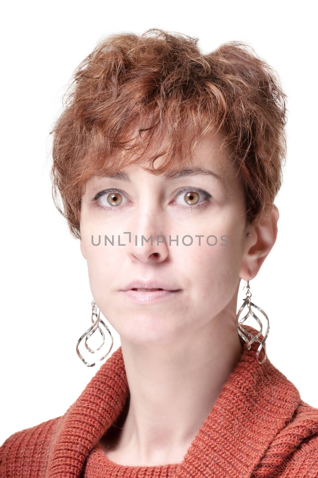 smiling short hair girl cold with orange sweater on white background