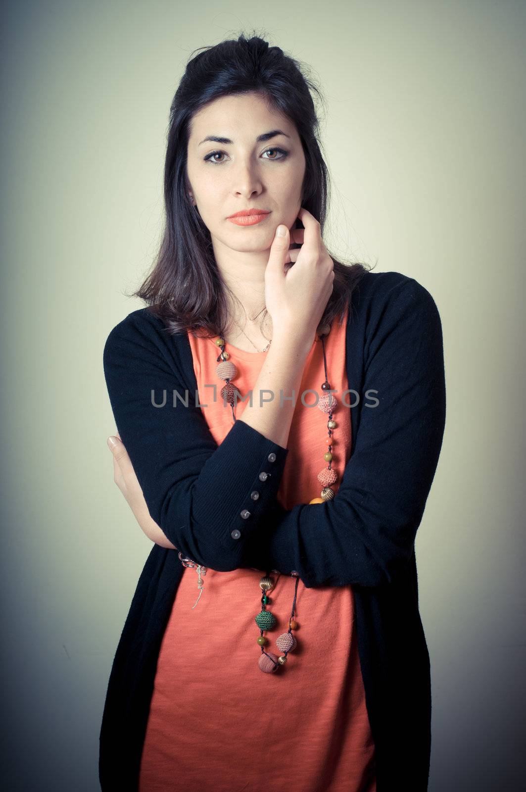 beautiful fashion hipster girl on gray background