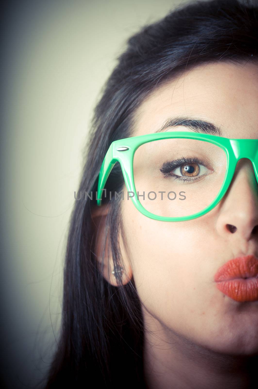 beautiful fashion hipster girl on gray background