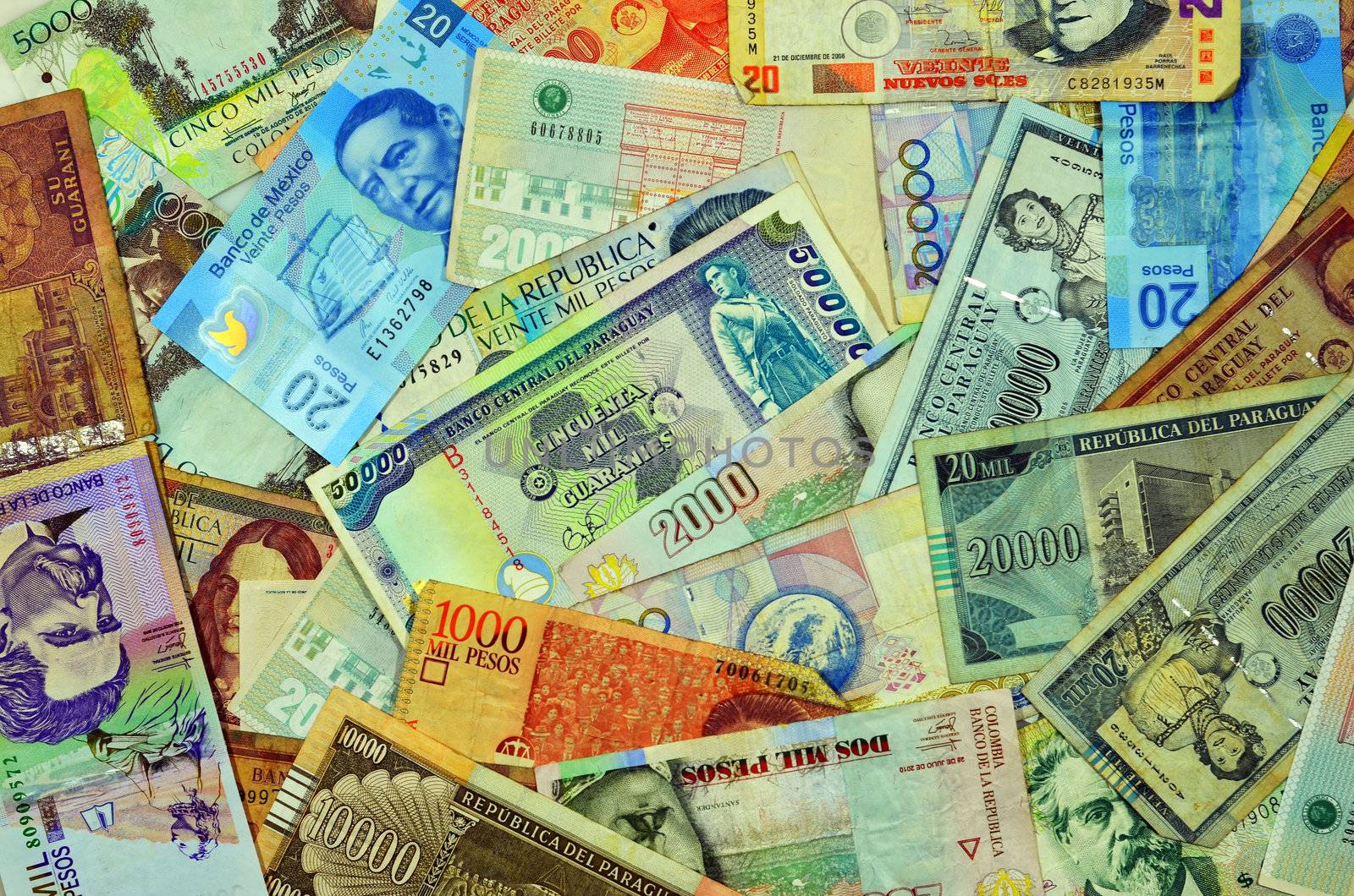 Currency from Latin American countries such as Argentina, Uruguay, Paraguay, Mexico, Colombia, and Peru