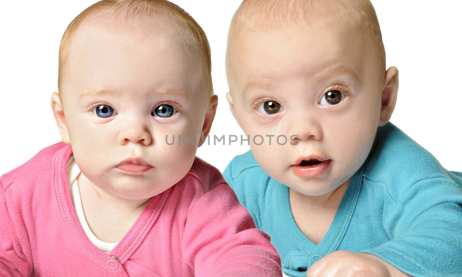 Twin boy and girl on white background