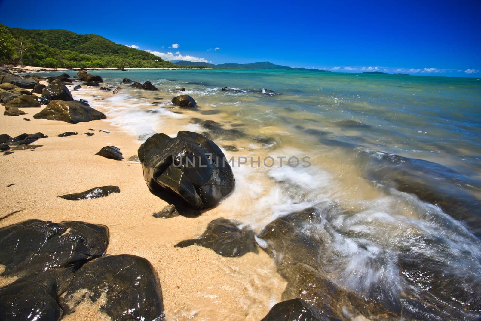 Landscape view of beautiful seashore with stones
