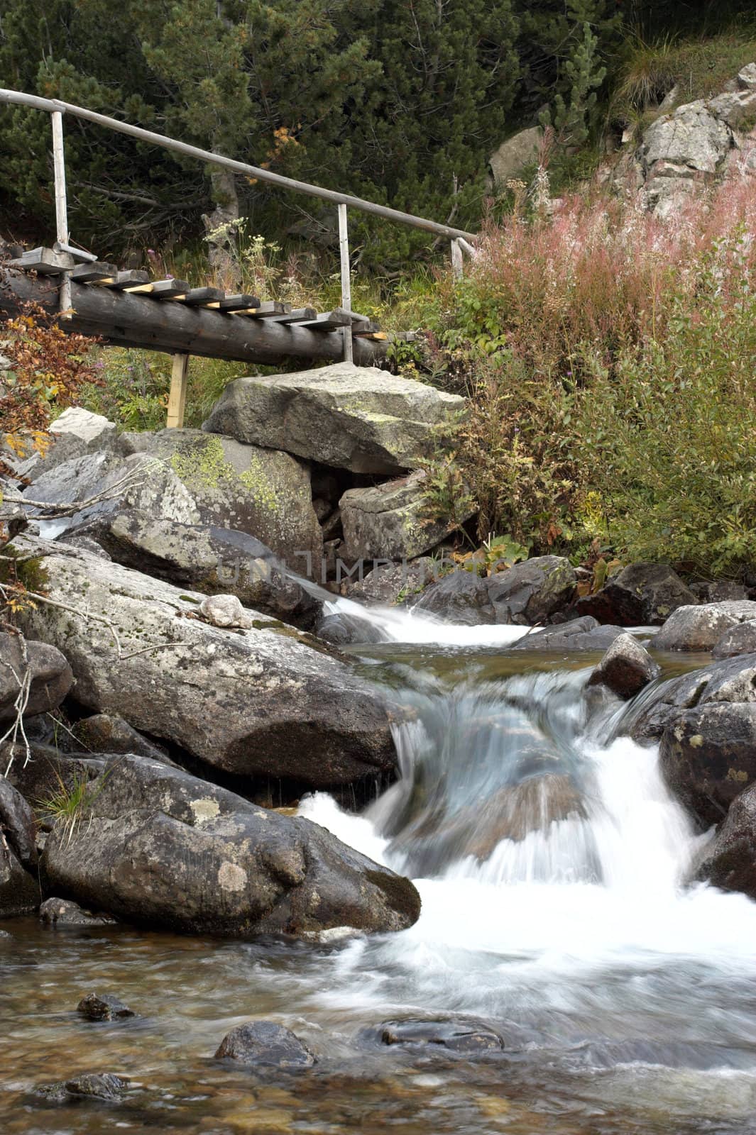 Landscape with mountain stream and wooden bridge